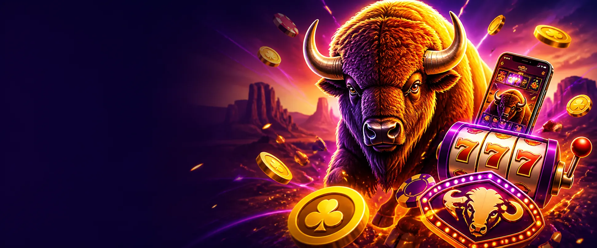 Promotional banner for Bison Casino featuring dynamic imagery and brand-inspired elements